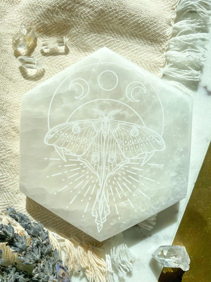 Selenite Hexagon Crystal Charging Plate – Luna Moth (6″)