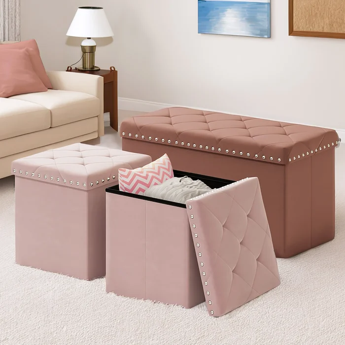 Set of 3 Foldable Velvet Storage Ottoman
