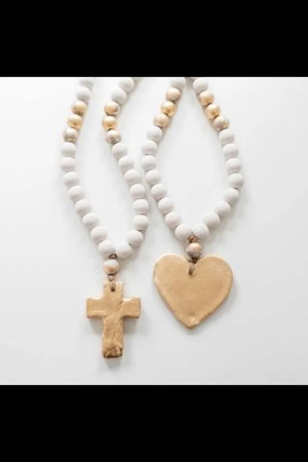 SOPHIA-WHITE BEADS W/ GRAY/GOLD ACCENT 30″(CROSS PENDANT)