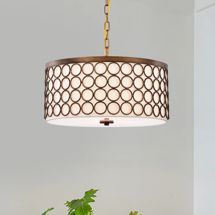 Tessa Satin Bronze 3-Light Drum Chandelier with Geometric-Patterned Metal Frame
