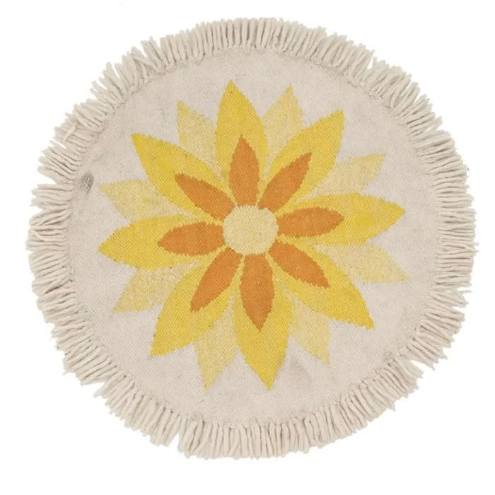 Tiny White Yellow Flower Round Rug with Fringe