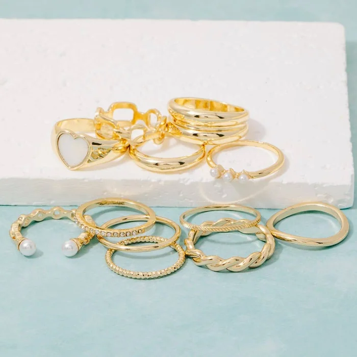 Twelve Piece Assorted Mother Of Pearl Heart Ring Set: Gold