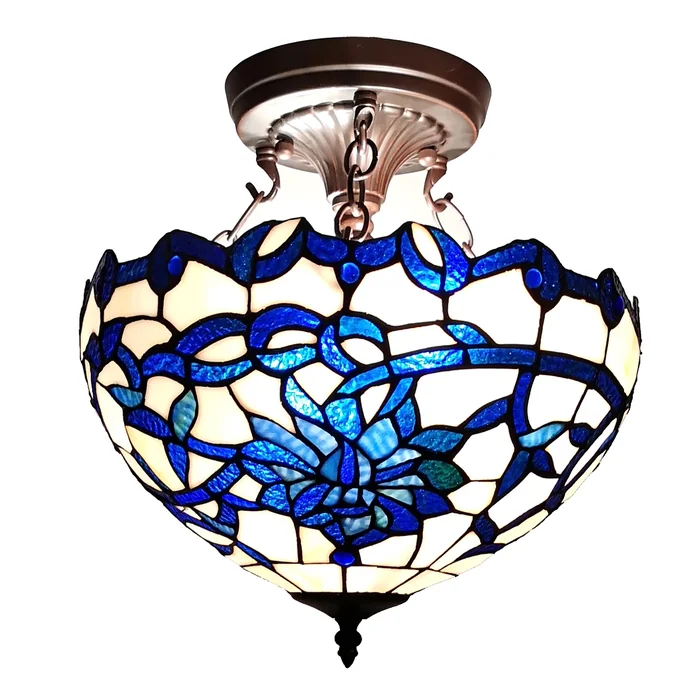 Vayne Blue/White 2-Light Stained Glass Bowl Shade Tiffany-Style Semi-Flush Mount