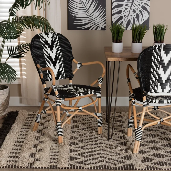 Wallis Modern French Two-Tone Black and White Weaving and Natural Rattan Indoor Dining Chair