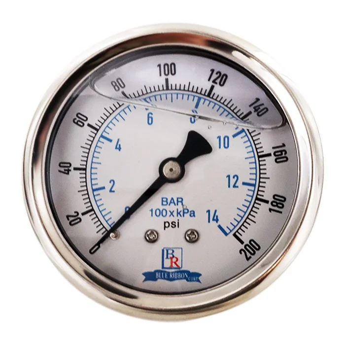 Water Pressure Gauge 200 PSI, 1/4″ MPT, 2.5″ Plastic Dial, Center Mount, SS Case