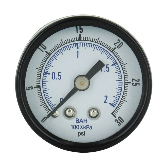 Water Pressure Gauge – 100 PSI, 1/8″ MPT, 1.5″ Glass Dial, Center Mount, Black Steel Case