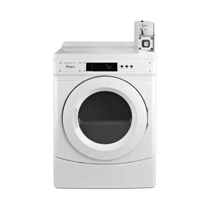 Whirlpool CED9150GW 27 Inch Electric Dryer with 6.7 Cu. Ft. Capacity, Coin Drop Installed, Coin Box Installed, Porcelain-Enamel Top, Microprocessor Controls, One-Touch Cycle Selection, 3 Dry Cycles, Cotton/Whites, Colors/Delicates, and ADA Compliant