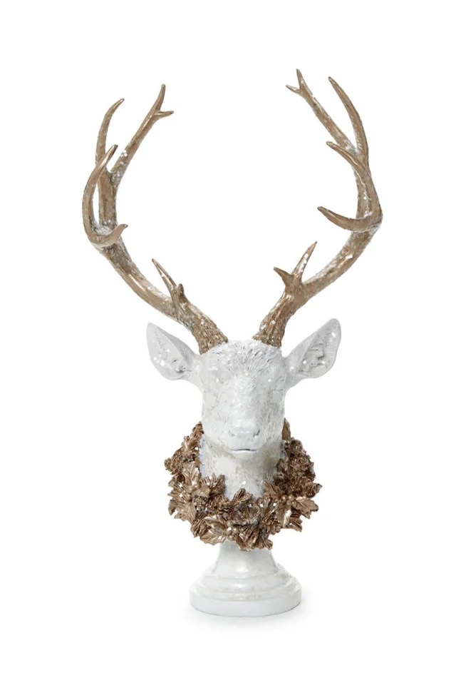 WHITE GLITTER DEER HEAD W/WREATH