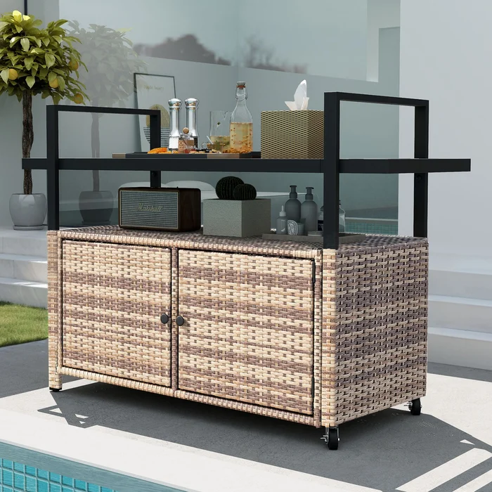 Wicker Outdoor Kitchen Serving Station with Storage Cabinet and Wheels – 51.2L x 19.7″W x 35.4″H