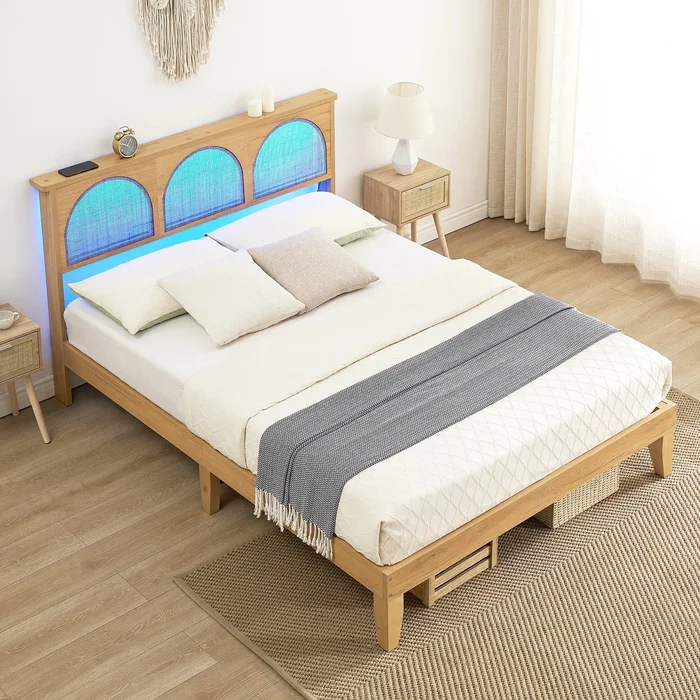Wooden Bed Frame with Natural Rattan Headboard