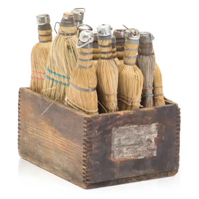 Wooden Box with Collection of Broom Heads
