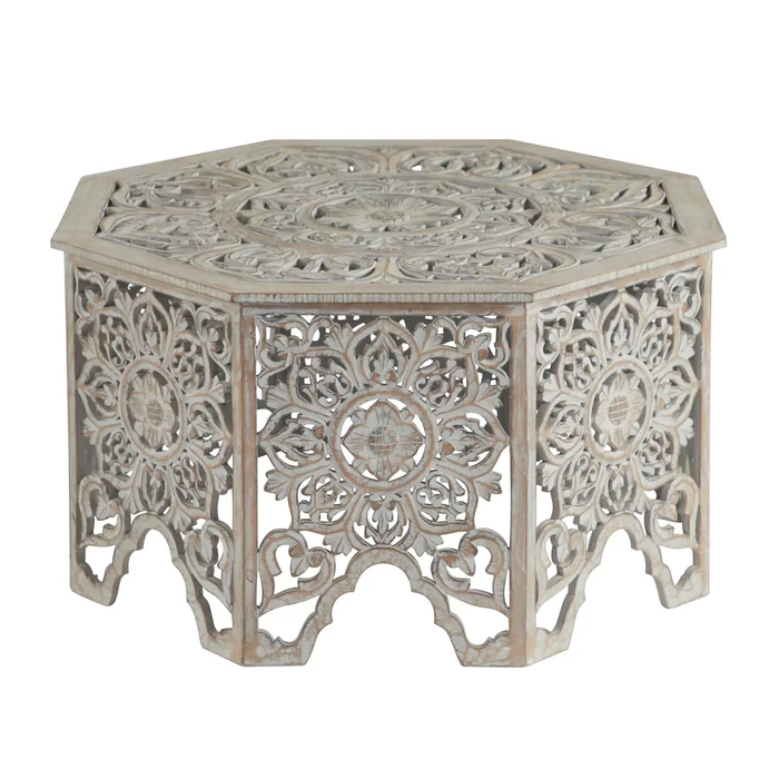 Wooden Floral Handmade Intricately Carved Coffee Table with Hollow Interior – Light Gray or Cream – Roche River Decor