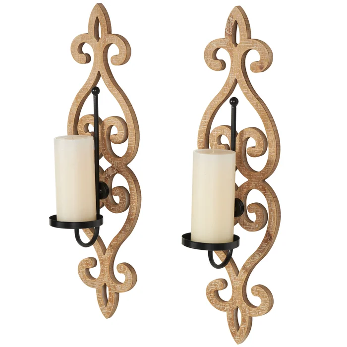 Wooden Scroll Distressed Washed Wall Sconce with Black Metal Candle Plate – Set of 2 Light Brown – Roche River Decor