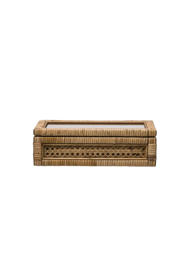 WOVEN RATTAN & WOOD BOX W/GLASS (SM-12 3/4 X 6 3/4 X 3 1/2H)