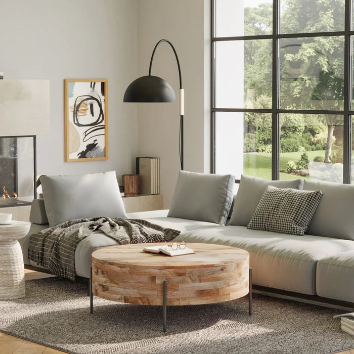 WYNDENHALL Farmington Modern Industrial Round Drum Coffee Table – 38″d x 38″ w x 14″h